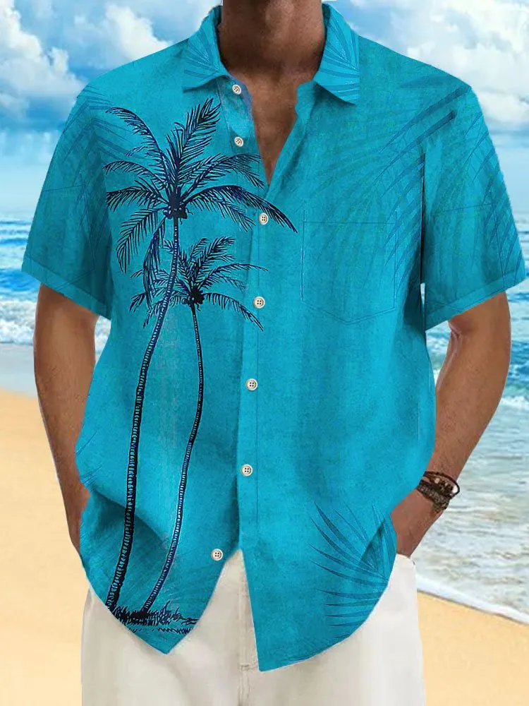 Alohadaddy Cotton Hawaiian Icy Blue Coconut Tree Men's Button Pocket Shirt