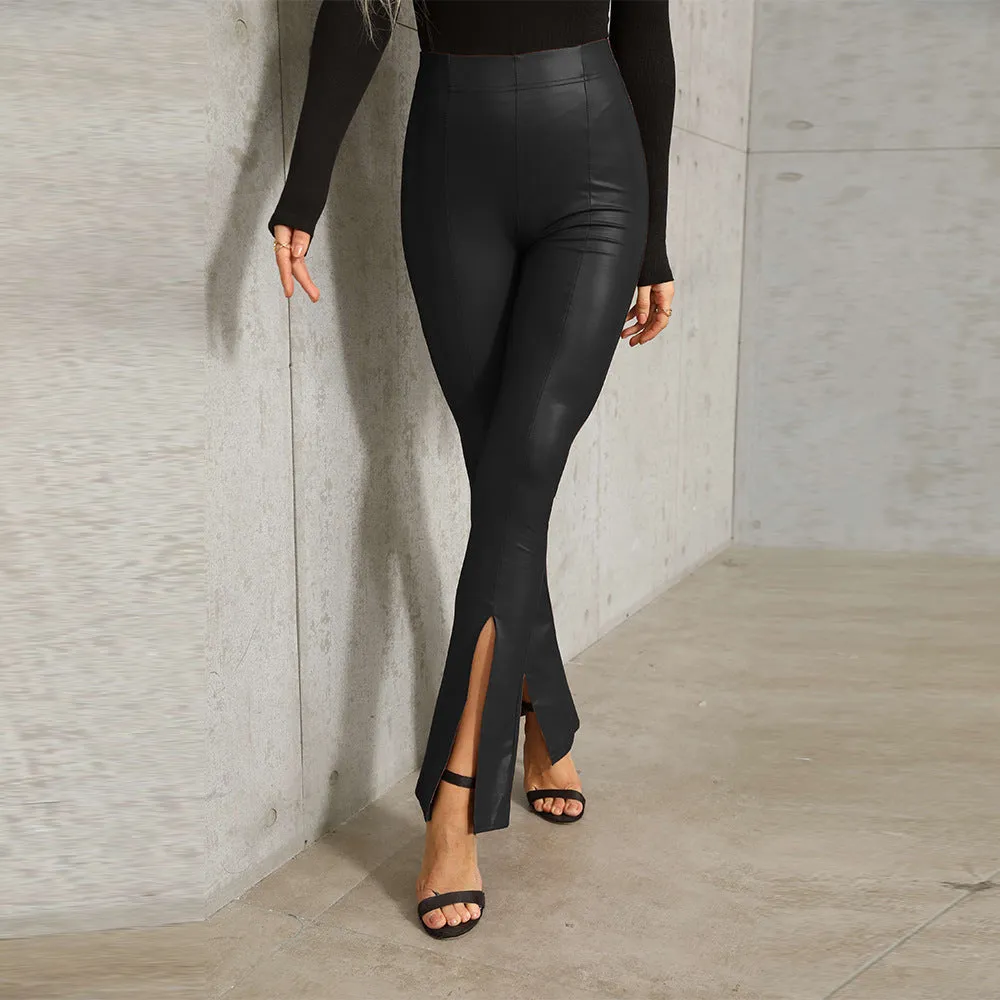 Brown Leather Pants High Waist Stretch Flared Pants Women's Split Trousers