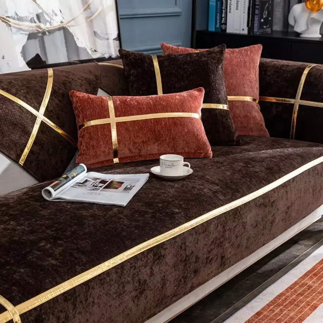 Chenille Real Leather Cushion Luxury For Seasons universal anti-slip leather Cover