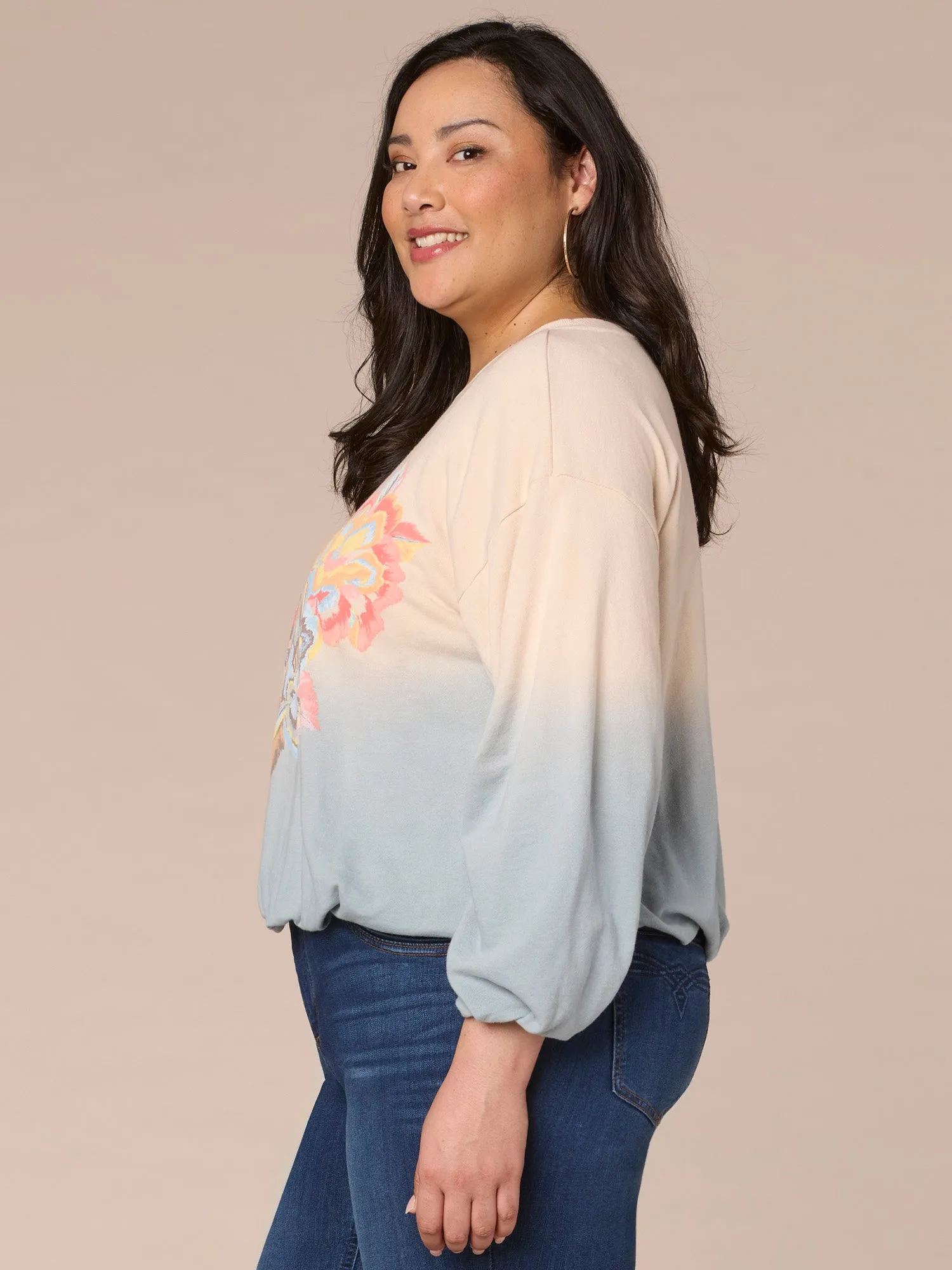 Long Sleeve Crew Neck Dip Dye Screen Print Plus Size Knit Sweatshirt