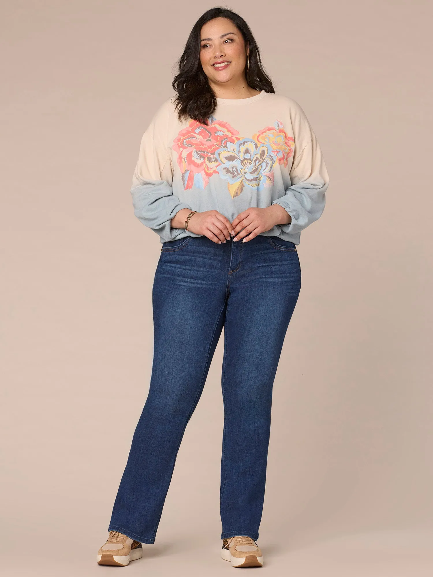 Long Sleeve Crew Neck Dip Dye Screen Print Plus Size Knit Sweatshirt