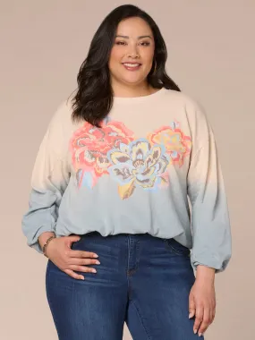 Long Sleeve Crew Neck Dip Dye Screen Print Plus Size Knit Sweatshirt