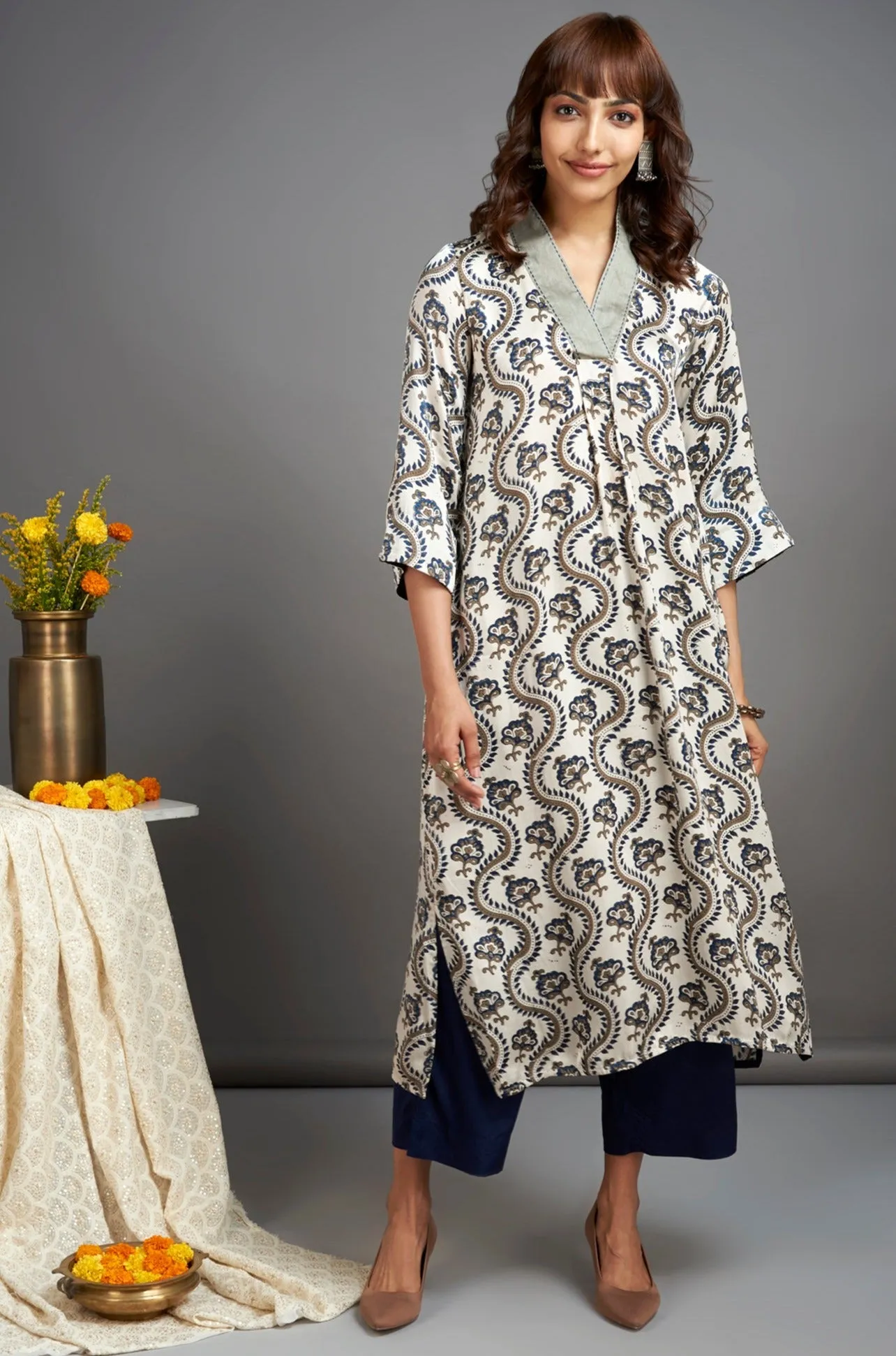 modal silk v-neck kurta with side slit - eucalyptus wreath & october mist