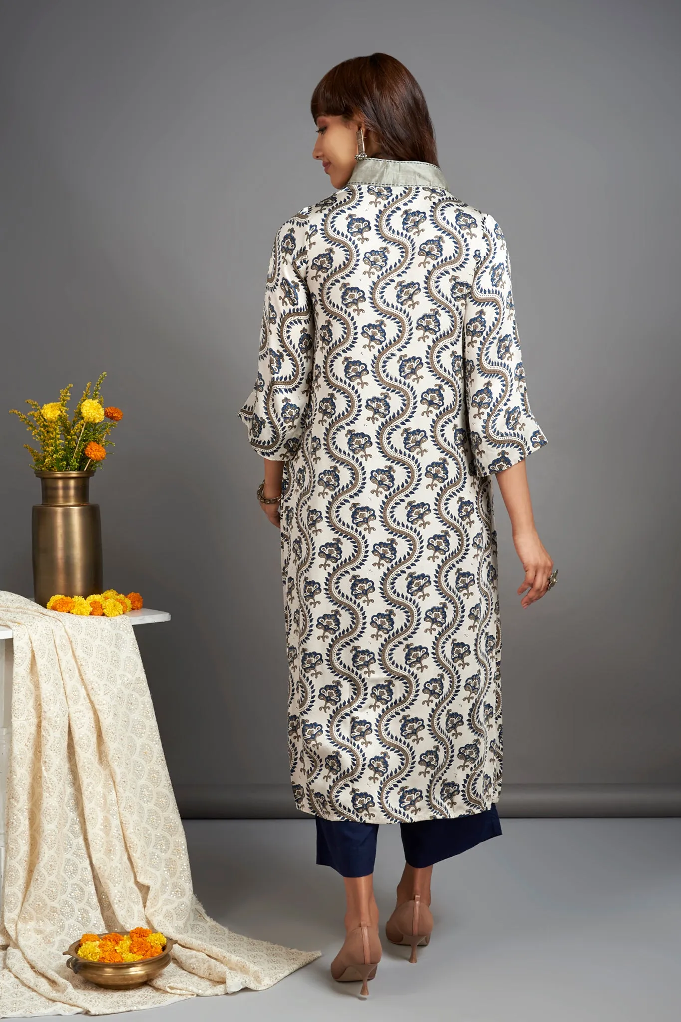 modal silk v-neck kurta with side slit - eucalyptus wreath & october mist