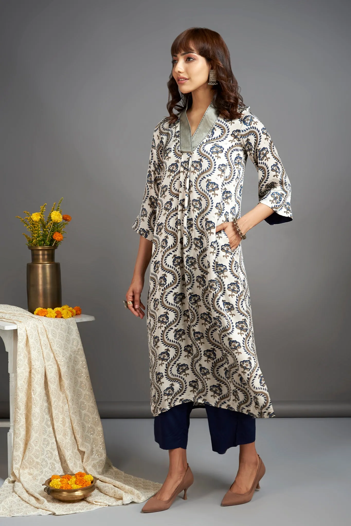 modal silk v-neck kurta with side slit - eucalyptus wreath & october mist