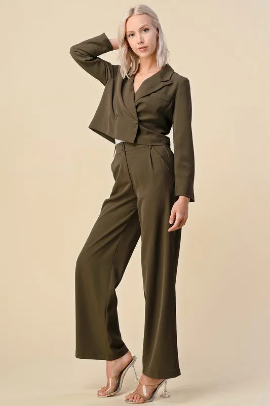 Olive Cropped Blazer Dress Suits Set