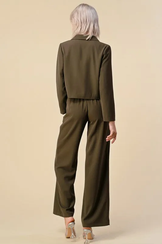 Olive Cropped Blazer Dress Suits Set
