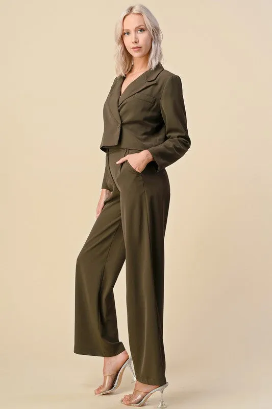 Olive Cropped Blazer Dress Suits Set