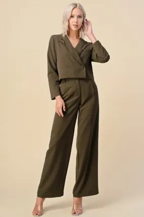 Olive Cropped Blazer Dress Suits Set