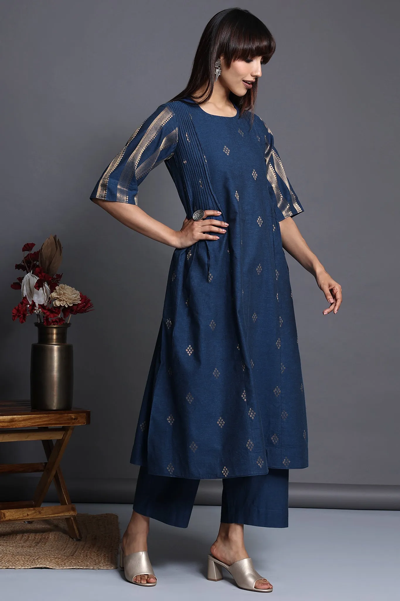 pintuck a-line kurta - sapphire sunburst & luxe glow