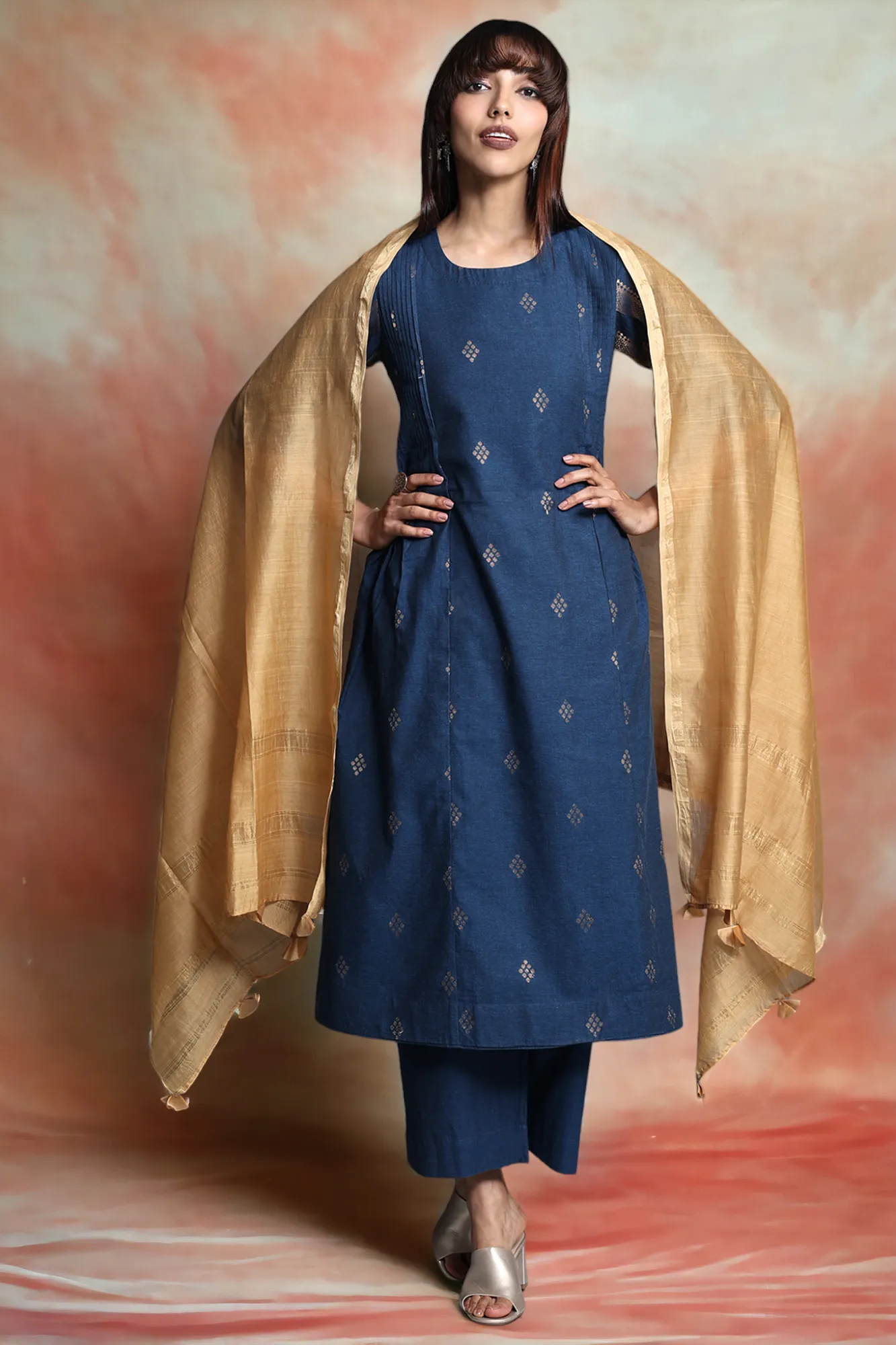 pintuck a-line kurta - sapphire sunburst & luxe glow