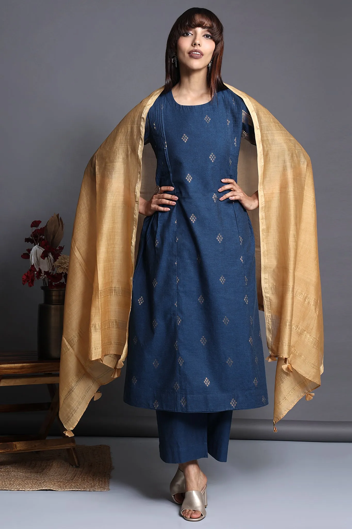 pintuck a-line kurta - sapphire sunburst & luxe glow
