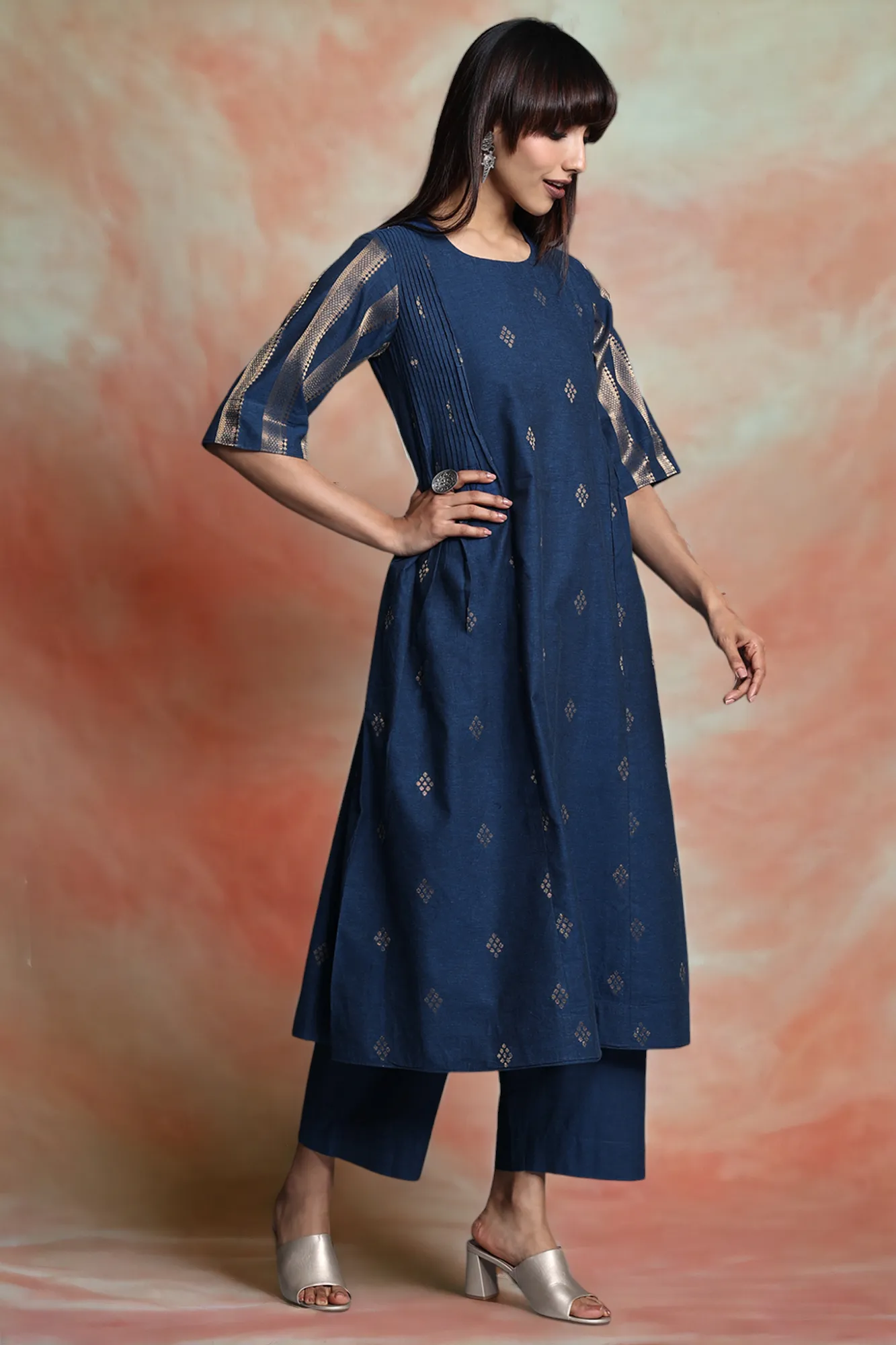 pintuck a-line kurta - sapphire sunburst & luxe glow