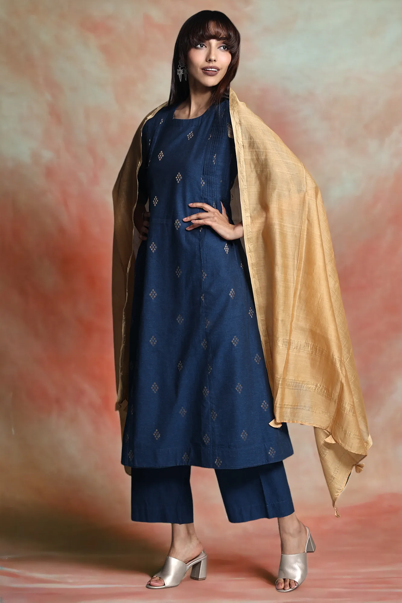 pintuck a-line kurta - sapphire sunburst & luxe glow
