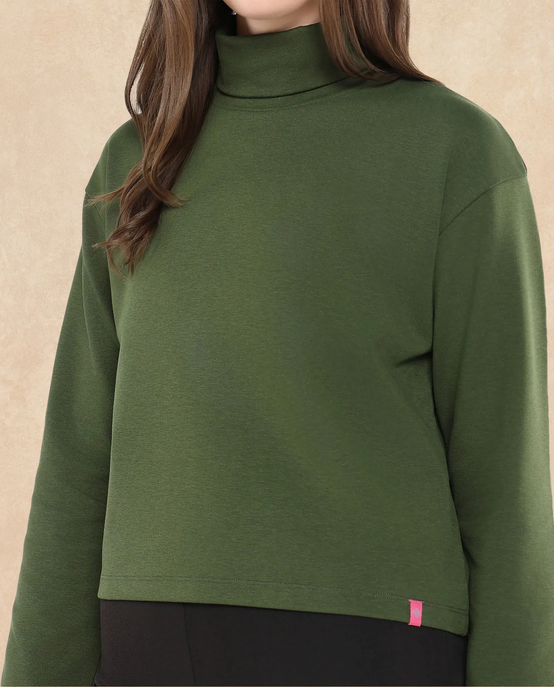 Rareism Women Malatya Olive Cotton Viscose Fabric Full Sleeve Collared Neck Slim Fit Plain Top
