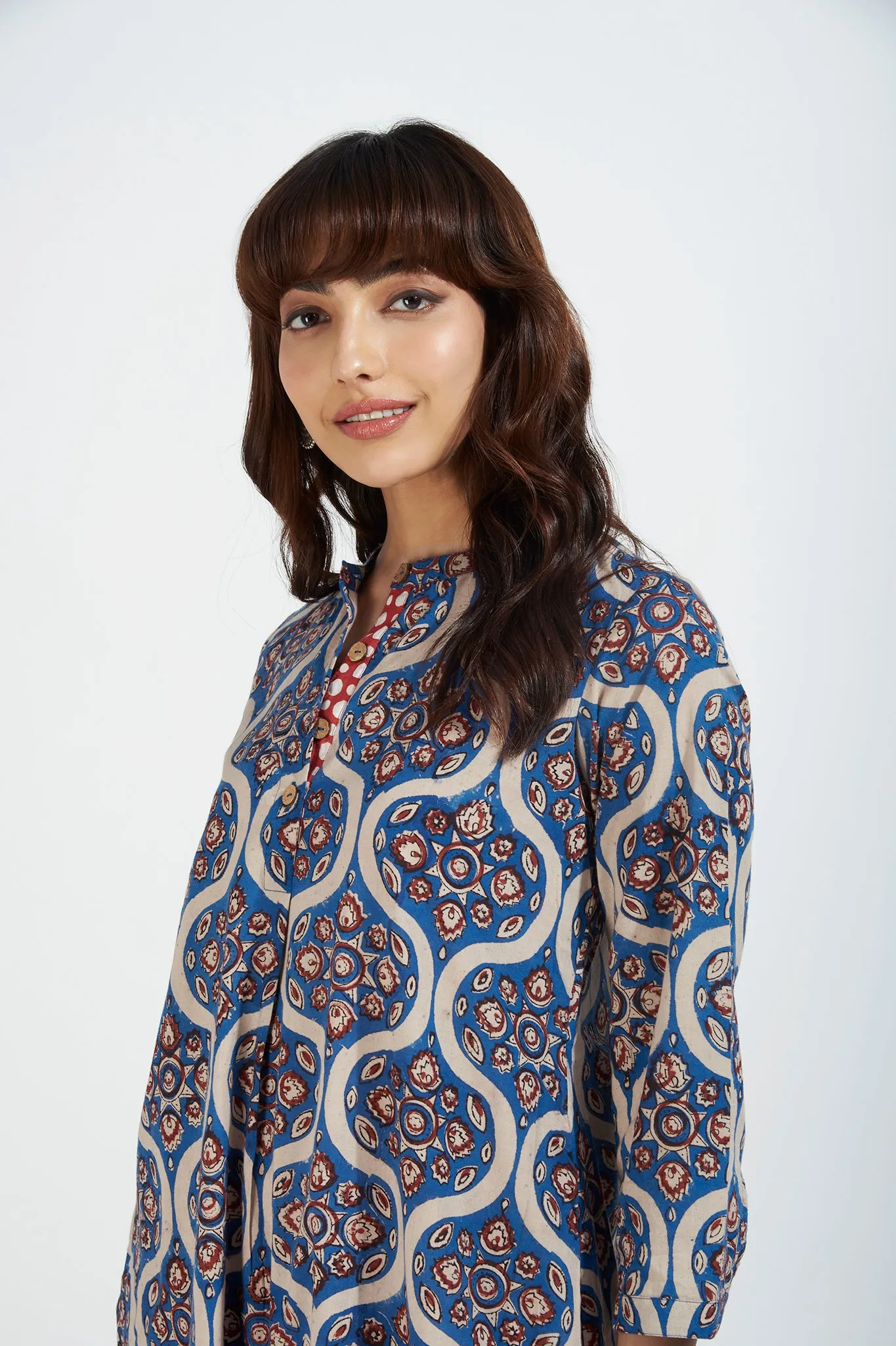 stand collar kurta with round hem - regal indigo & vintage opulence