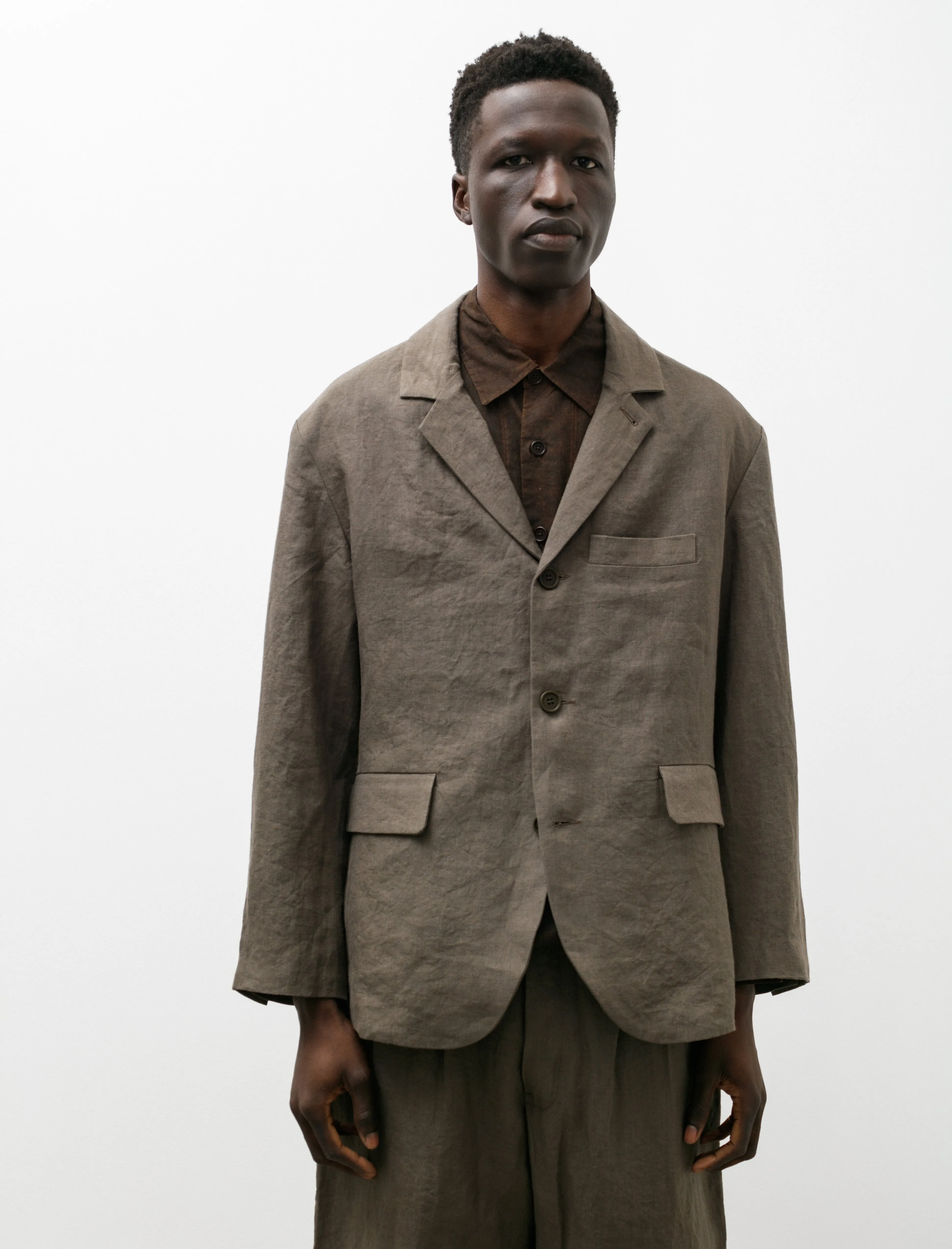 Three Button Jacket Tumbled Linen Olive