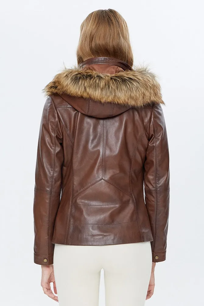 Women Hooded Stylish Faux Fur and Real Leather Jacket | Women Leather Jacket by The Jacket Seller