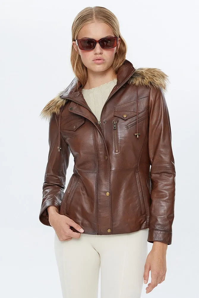 Women Hooded Stylish Faux Fur and Real Leather Jacket | Women Leather Jacket by The Jacket Seller