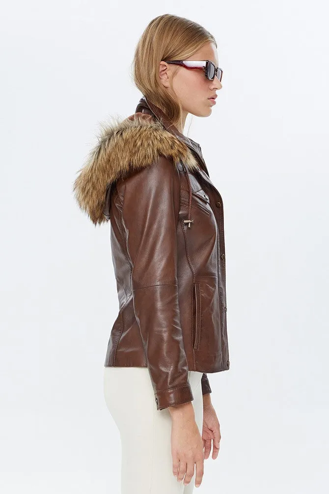 Women Hooded Stylish Faux Fur and Real Leather Jacket | Women Leather Jacket by The Jacket Seller